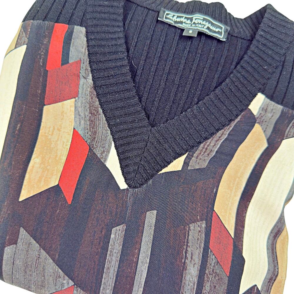 Salvatore Ferragamo Wool V-Neck Abstract Sweater Tunic Dress SMALL Luxury